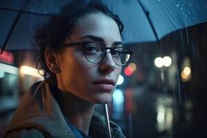 A young woman with an umbrella seen from behind walks in a modern city at night and heavy rain created with technology. photo