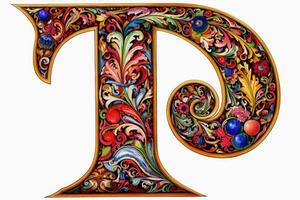 A very colourful and ornate letter T on a white background created with technology. photo