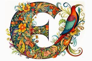 A very colourful and ornate letter E on a white background created with technology. photo