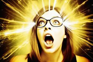 Portrait of a surprised woman in bright light created with technology. photo
