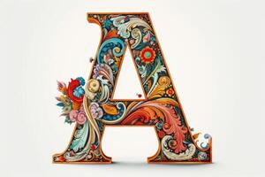 A very colourful and ornate letter A on a white background created with technology. photo