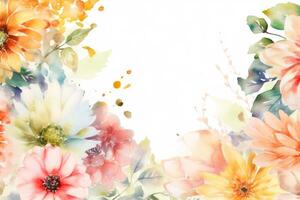 Floral frame decor in colorful watercolors on a white background created with technology. photo