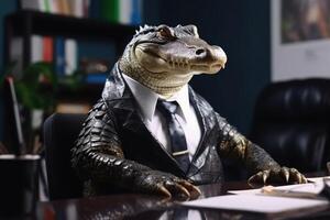 Portrait of a crocodile in a business suit office background created with technology. photo
