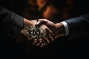 Shaking hands on a successful business in cryptocurrencies created with technology. photo