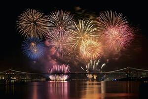 nuevo año fuegos artificiales en el ciudad antecedentes creado con generativo ai tecnología. foto