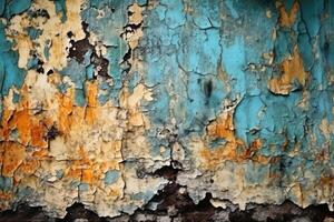 A very old vintage wall background with paint peeling created with technology. photo