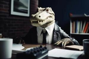 Portrait of a crocodile in a business suit office background created with technology. photo