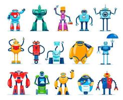 Cartoon robot characters, android, robotic cyborgs vector