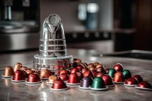 A large pile of empty aluminium coffee capsules next to a coffee machine in a modern kitchen created with technology. photo