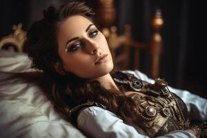 An attractive female steampunk woman cyborg laying on a bed created with technology. photo