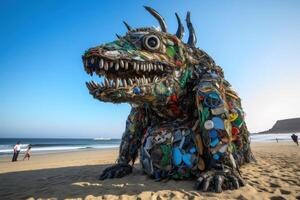 A monster made of plastic waste on the ocean beach created with technology. photo