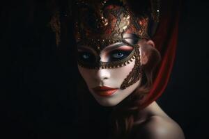 A beautiful woman in an elegant dress with a Venetian carnival mask created with technology. photo