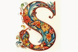 A very colourful and ornate letter S on a white background created with technology. photo