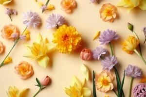 Fresh spring flowers on a pastel yellow background created with technology. photo