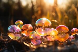 muchos vistoso jabón burbujas en cerca arriba en contra un primavera antecedentes con luz de sol creado con generativo ai tecnología. foto