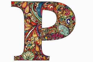 A very colourful and ornate letter P on a white background created with technology. photo