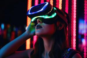 Woman exploring virtual reality in a close up neon colors created with technology. photo