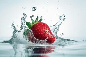 fresas que cae dentro agua con salpicaduras en un blanco antecedentes creado con generativo ai tecnología. foto