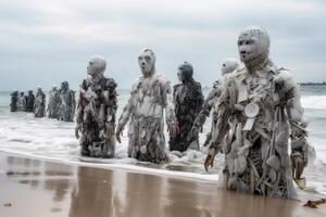 A swarm of evil plastic waste figures conquers the beach from the ocean created with technology. photo