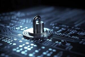 A lock on a cyber security background prevents hacking in the network created with technology. photo