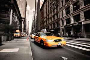 A yellow taxi in the streets of New York created with technology. photo