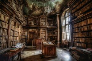 A very old library with many old books created with technology. photo