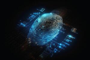 Detailed fingerprint made of glowing light on a dark technical background created with technology. photo