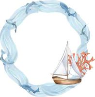 Frame of sailing ship, sea wave watercolor illustration isolated on white. Sailboat, vessel, fish, coral, seaweeds hand drawn. Childish design, element for guy, boy print, adventure collection vector