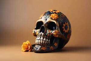 A skull for Dia de Los Muertos on light background created with technology. photo