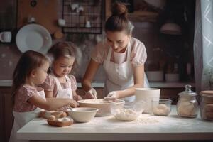 A mother baking with children in bright kitchen created with technology. photo