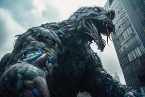 A huge monster made of plastic waste attacking a modern city created with technology. photo