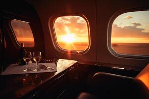 A first class area in a business jet with the sunset through a window created with technology. photo