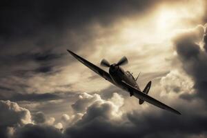 A second world war fighting plane in a dramatic sky created with technology. photo