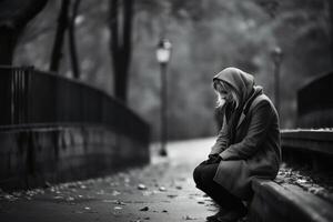 un solitario y triste persona sentado en un banco creado con generativo ai tecnología. foto