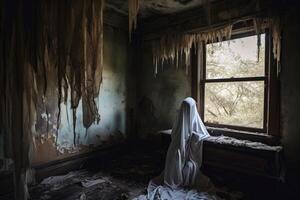 Inside an abandoned haunted house created with technology. photo