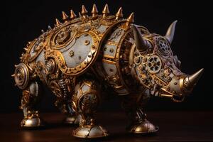 A steampunk rhino with lots of screws and cogwheels created with technology. photo