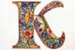 A very colourful and ornate letter K on a white background created with technology. photo