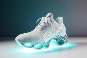 A futuristic sports shoe on a light background created with technology. photo