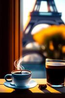 café taza en frente de un iluminado calle con el eiffel torre en el fondo, generativo ai foto