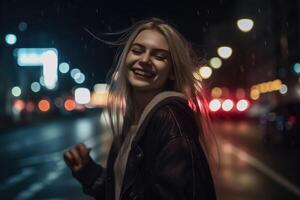 un contento mujer carreras alrededor bailando a noche en un moderno ciudad creado con generativo ai tecnología. foto