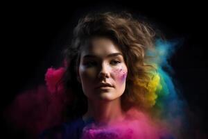 Exploding colour powder in rainbow colours forming a portrait of a beautiful young woman created with technology. photo