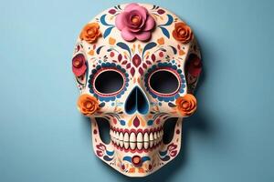 A skull for Dia de Los Muertos on light background created with technology. photo