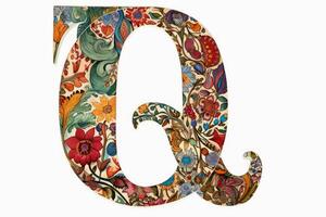 A very colourful and ornate letter Q on a white background created with technology. photo