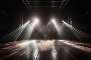 Empty stage with light beams background created with generative AI technology. photo