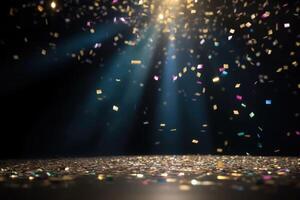 Glittering confetti falling down on a stage with lightbeams background created with technology. photo