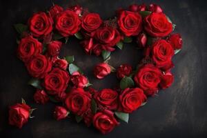 hermosa rojo rosas en forma de un corazón enamorado antecedentes creado con generativo ai tecnología. foto