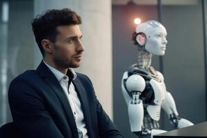 Man and AI robot waiting for the same job interview created with technology. photo