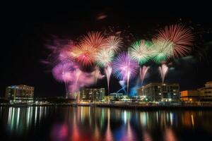 nuevo año fuegos artificiales en el ciudad antecedentes creado con generativo ai tecnología. foto