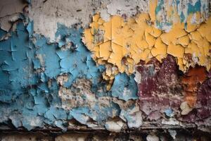 An old wall background with paint peeling in different colors created with technology. photo