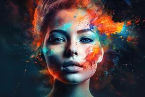 Portrait of a beautiful woman with colorful splashes created with technology. photo